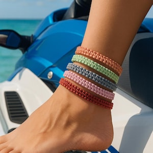 Macrame Anklet, Waxed Polyester Cord, Braided Surfer Style