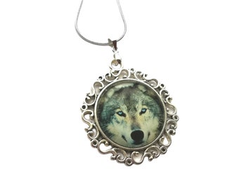 Wolf Halskette aus 925 Silber, Glascabochon-Anhänger