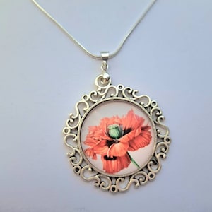 Sterling Silver Red Poppy Necklace, Poppy Gifts For Women, Botanical Jewelry Silver, Remembrance Gifts, Memorial Jewelry, Garden Lover Gift.