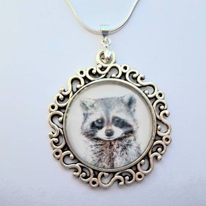 Raccoon Necklace For Women, Raccoon Jewellery For Girls, Wild Animal Gifts, Glass Cabochon Necklace, Animal Lover Gift, Raccoon Lover Gift.