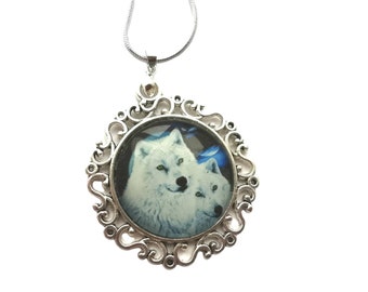 Wolf Anhänger, Sterling Silber Halskette, Glas Cabochon, Wolf Liebhaber Geschenk