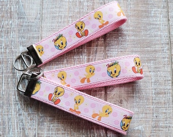 Tweety Bird Key Chain Wristlet, Keychain with Cotton Webbing Backing and Stainless steel hardware