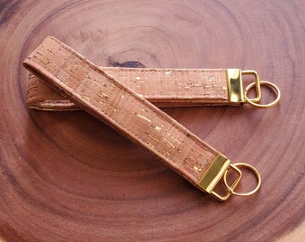 Cork Key Fob Wristlet with Gold Metallic, Sustainable Vegan Key Chain, with Gold Hardware.