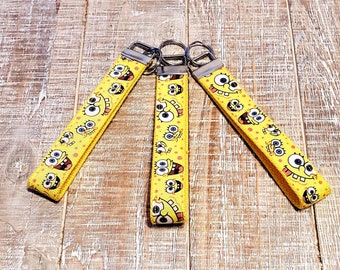 SpongeBob Keychain, Yellow Key Fob Wristlet with Cotton Webbing Backing, Lanyard Keychain