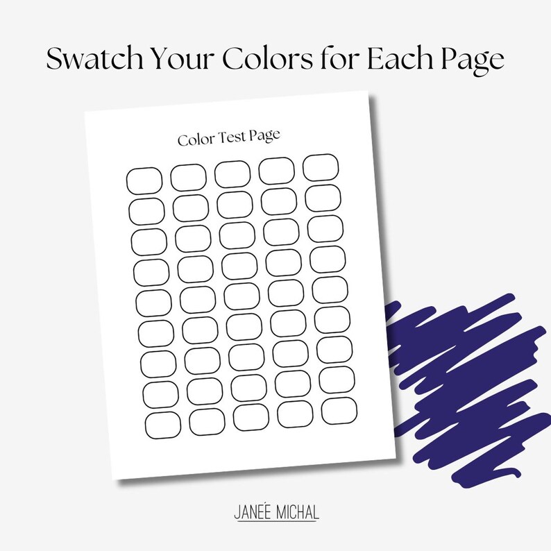 May include: A printable color test page with the title "Color Test Page" and the text "JANEE MICHAL" at the bottom. The page is divided into a grid of 40 small, rounded rectangles.