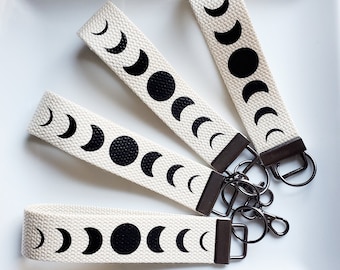 Llavero de pulsera con fases lunares: correa de algodón celestial para llaves con fases lunares