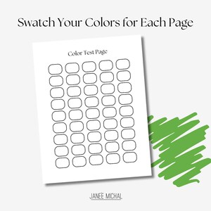 May include: A printable color test page with the title "Color Test Page" and the text "JANEE MICHAL" at the bottom. The page is divided into a grid of 40 small, rounded rectangles.
