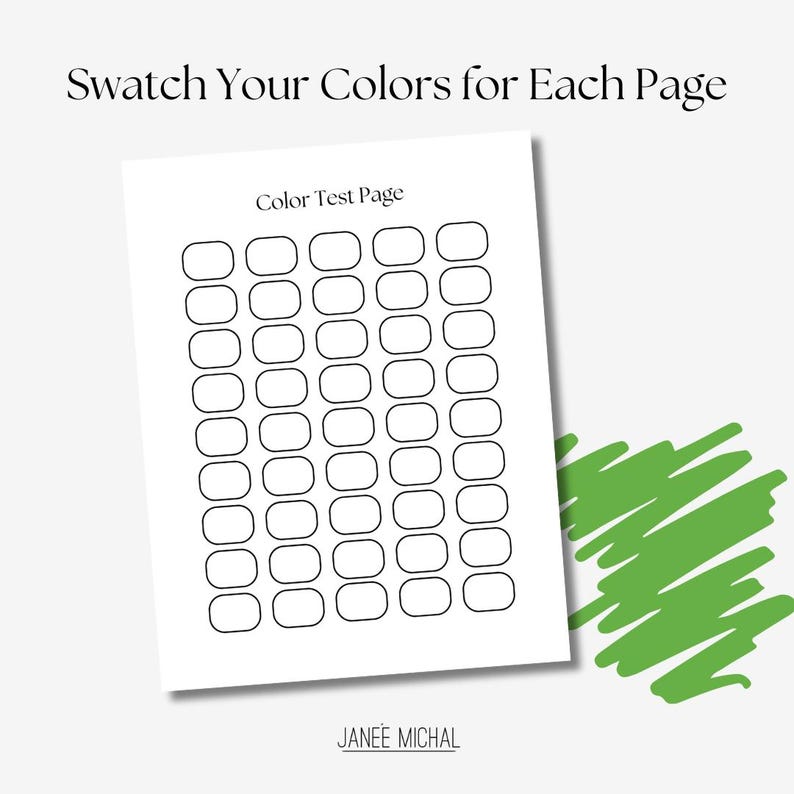 May include: A printable color test page with the title "Color Test Page" and the text "JANEE MICHAL" at the bottom. The page is divided into a grid of 40 small, rounded rectangles.