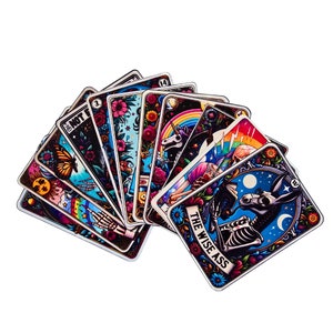 Adesivos de cartas de tarô de esqueleto, brilhantes, à prova d'água, com proteção UV, adesivos engraçados sarcásticos, adesivos coloridos para laptops, diários e copos