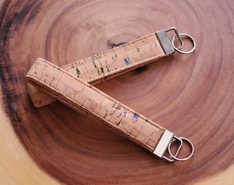 Rainbow Metallic Cork Key Fob Wristlet, Sustainable Vegan Key Chain, with Stainless Steel Hardware.