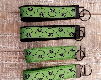 Grinch Keychain Wristlet Lanyard, Key Fob Cotton Webbing, Stainless Steel or Black Hardware