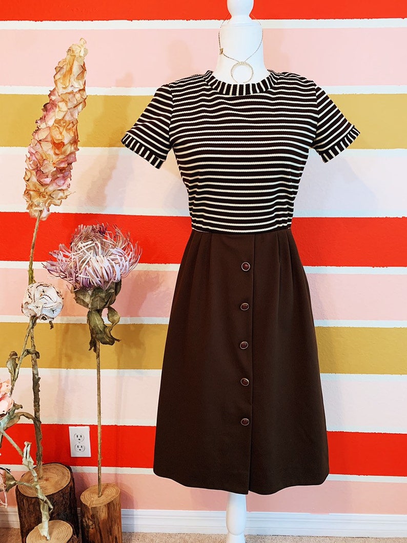 Vintage 60s Chocolate Striped Mod Midi Dress