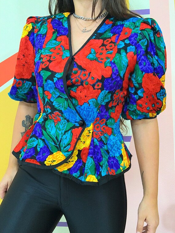 Vintage 80s St. Malo Silk Puff Sleeve Disco Blouse
