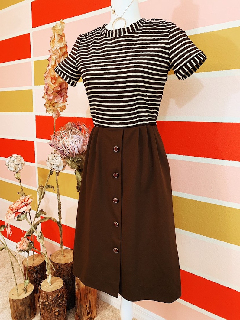 Vintage 60s Chocolate Striped Mod Midi Dress