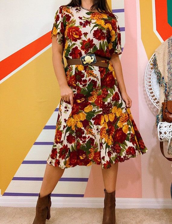 Vintage 80s PHOEBE Autumn Floral Mermaid Midi Dres