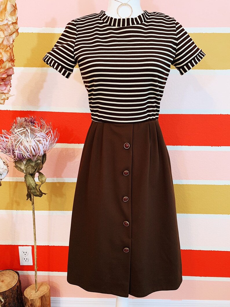 Vintage 60s Chocolate Striped Mod Midi Dress