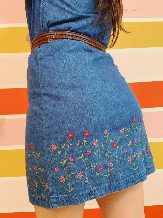 Vintage 90s Style&co. Embroidered Denim Floral Dre