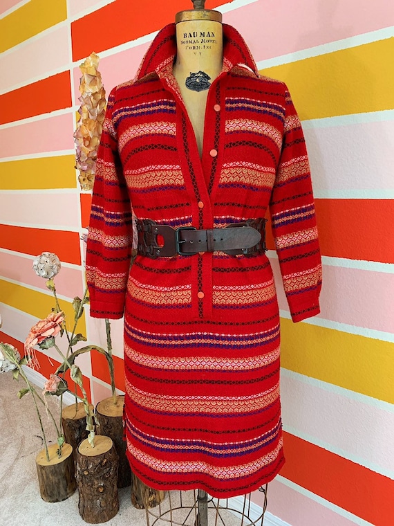 Vintage 60s 70s Nelly Don Red Wool Bohemian Dress