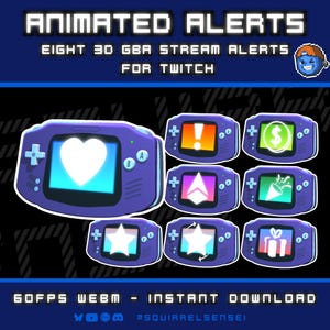 May include: A digital graphic featuring eight animated alerts for Twitch streams. The alerts are designed as pixelated purple handheld game consoles, each displaying a different icon, such as a heart, dollar sign, or gift. Text at the top reads "ANIMATED ALERTS" and "EIGHT 3D GBA STREAM ALERTS FOR TWITCH."