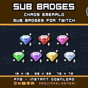 Op de afbeelding: Pixelachtige sub-badges voor Twitch, met gekleurde edelstenen in blauw, rood, roze, groen, paars, geel en wit. De tekst "SUB BADGES" en "CHAOS EMERALD" staan bovenaan. De afbeelding bevat ook de tekst "SUB BADGES FOR TWITCH".