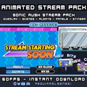 Puede incluir: Paquete de transmisión animado con un tema de Sonic the Hedgehog. El paquete incluye superposiciones, escenas, alertas, paneles y un stinger. El texto de la imagen dice "Stream Starting Soon", "New Follower", "New Sub", "New Donation", "New Bits" y "New Cheer".
