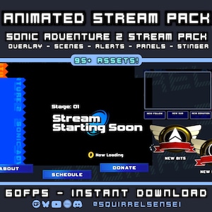 Puede incluir: Pack de stream animado con temática de Sonic Adventure 2. Incluye superposiciones, escenas, alertas, paneles y un stinger. El diseño presenta elementos azules, naranjas y blancos con el texto "Stream Starting Soon" y "New Bits".