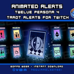 May include: A collection of twelve digital tarot card alerts for Twitch, featuring pixel art designs with icons for raid, gift sub, bits, subscriber, member renewal, super chat, super sticker, and donation, with text reading ANIMATED ALERTS.