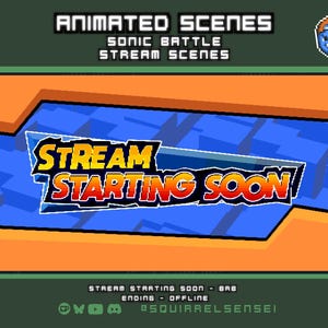 Peut inclure: Un graphique numérique pour une superposition de flux affichant le texte "STREAM STARTING SOON" dans une police pixelisée jaune et rouge. L'arrière-plan se compose de bordures orange et d'un motif géométrique bleu avec "ANIMATED SCENES".
