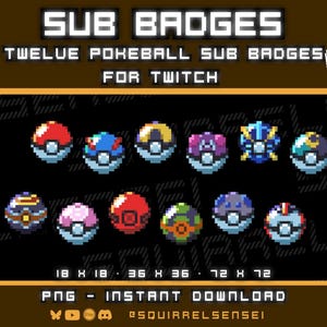 TwitchストリーミングとDiscord/YouTubeチャンネル用のPokeballサブバッジ | ポケモン | ピクセルアート | すぐに使える既製デザイン