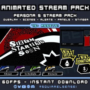 以下が含まれることがあります： ペルソナ5をテーマにしたアニメーションストリームパック。オーバーレイ、シーン、アラート、パネル、スティンガーが含まれています。「Stream Starting Soon」、「New Bits!」、「New Donation!」のテキストが表示されています。75以上のアセットとインスタントダウンロードが含まれています。