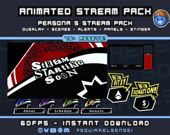 May include: Animated stream pack with Persona 5 theme. Includes overlays, scenes, alerts, panels, and a stinger. Features the text "Stream Starting Soon" and "New Bits!" and "New Donation!" graphics. Includes 75+ assets and instant download.