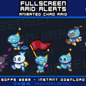 Pode incluir: Gráfico digital com o texto "FULLSCREEN RAID ALERTS" e "ANIMATED CHAO RAID". A imagem apresenta personagens de desenhos animados pixelizados em várias cores, incluindo azul, roxo e branco, com uma bandeira vermelha. O texto inferior diz "60FPS WEBM - INSTANT DOWNLOAD".