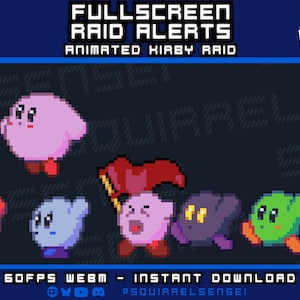 May include: A digital graphic featuring pixel art of multiple Kirby characters in various colors including pink, red, blue, purple, green, and yellow. The text reads FULLSCREEN RAID ALERTS ANIMATED KIRBY RAID, 60FPS WEBM - INSTANT DOWNLOAD, and @SQUIRRELSENSEI.