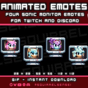 Puede incluir: Emoticones animados para Twitch y Discord con cuatro diseños de monitor Sonic pixelados. La imagen incluye el texto "Animated Emotes" y "Four Sonic Monitor Emotes for Twitch and Discord". Los tamaños son 28 x 28, 56 x 56 y 112 x 112 píxeles.