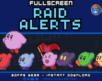 Może przedstawiać: Cyfrowa grafika z tekstem FULLSCREEN RAID ALERTS w niebieskiej czcionce pikselowej. Poniżej znajduje się siedem postaci w stylu pixel art w kolorach różowym, czerwonym, jasnoniebieskim, fioletowym, zielonym i żółtym. Tekst na dole to 60FPS WEBM - INSTANT DOWNLOAD i @SQUIRRELSENSEI.