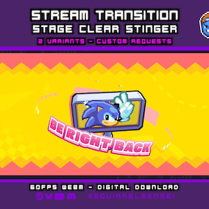 Könnte beinhalten: Eine digitale Stream-Übergangsgrafik mit einer blauen Igel-Figur im Pixel-Art-Stil in einem rechteckigen Rahmen. Der Text BE RIGHT BACK erscheint in Pink unter dem Rahmen. Der Hintergrund ist gelb mit einem pinken Zickzack-Rand oben und unten.
