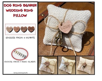 Dog Ring Bearer Wedding Ring Pillow with Ring Clasp & Wooden Heart-Off White Burlap Rustic Wedding Ring Pillow-Wedding Dog Attire