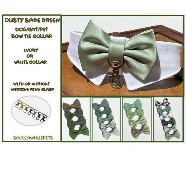 Dusty Sage Green Bow Tie Dog Collar-Dog Ring Bearer-Dog Wedding Attire-Dusty Sage Green Dog Collar-Wedding Dog Collar-Optional Ring Clasp
