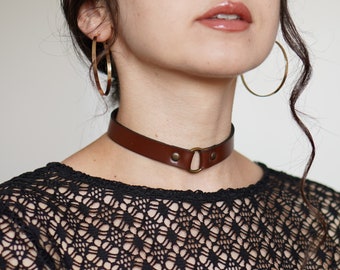 Brown Leather choker O ring Choker Handmade unique choker with snap buttons