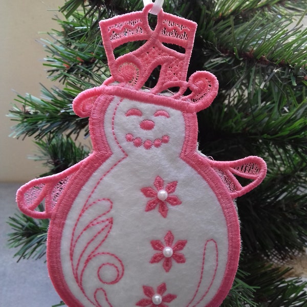 Décoration de noël ornement bonhomme de neige en broderie dentelle bleu