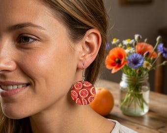 Boucles d'oreilles ronde en bois  impression sur les 2 faces. Boucles d'oreilles sur le thème de l'été, boucles d'oreilles fruits.