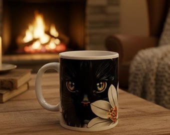 Mug chat noir en sublimation, mug fleur, idée de cadeau, Tasse chat, mug céramique, tasse à café chat, mug portrait chat