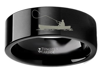 Thorsten Wildlife Salmon Fish Sea Print Pattern Ring Flat Black Tungsten Ring 6mm Wide Wedding Band from Roy Rose Jewelry