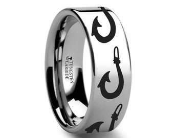 Thorsten Wildlife Salmon Fish Sea Print Pattern Ring Flat Black Tungsten Ring 4mm Wide Wedding Band from Roy Rose Jewelry