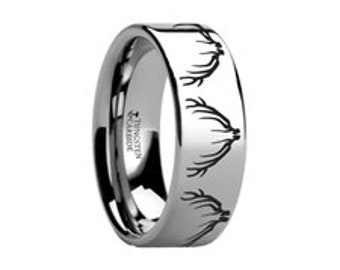 Thorsten Wildlife Stag Deer Elk Animal Antlers Print Pattern Ring Flat Black Tungsten Ring 6mm Wide Wedding Band from Roy Rose Jewelry