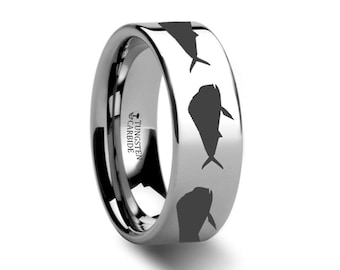 Thorsten Wildlife Sport Fishing Trout Fish Jumping Print Pattern Ring Flat Black Tungsten Ring 10mm Wide Wedding Band from Roy Rose Jewelry
