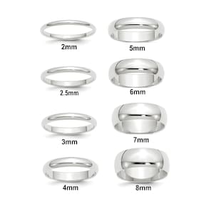 10K Solid White Gold Wedding Bands Rings Half Round Style with Free Inside Ring Engraving 2mm 2.5mm 3mm 4mm 5mm 6mm 7mm 8mm Widths