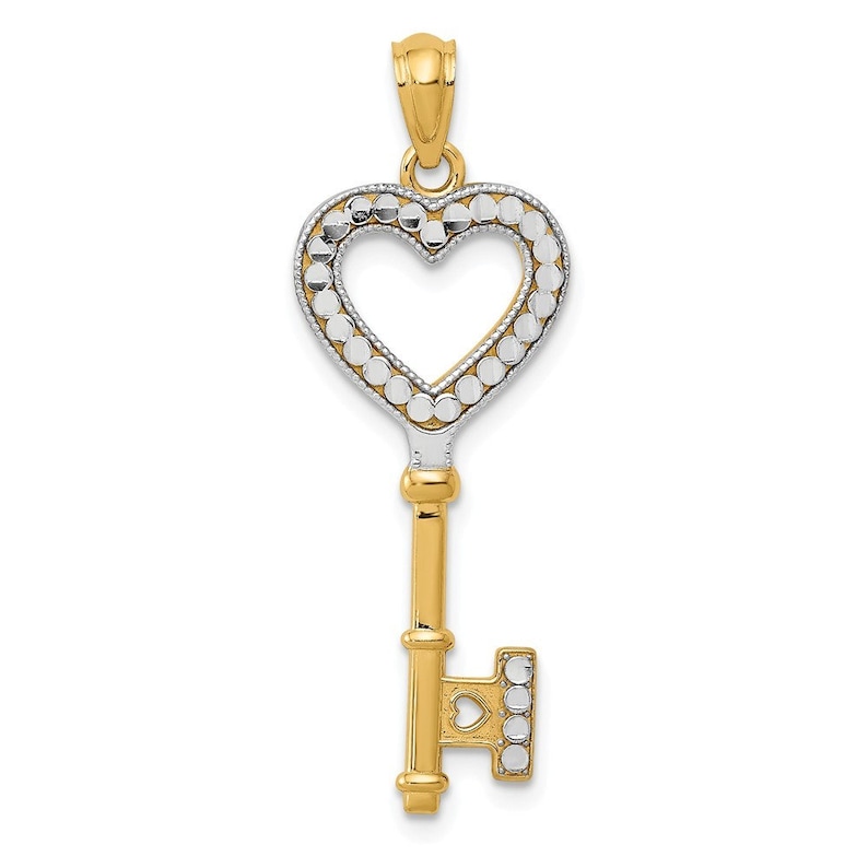 14K Yellow Gold /& Rhodium Heart Key Pendant
