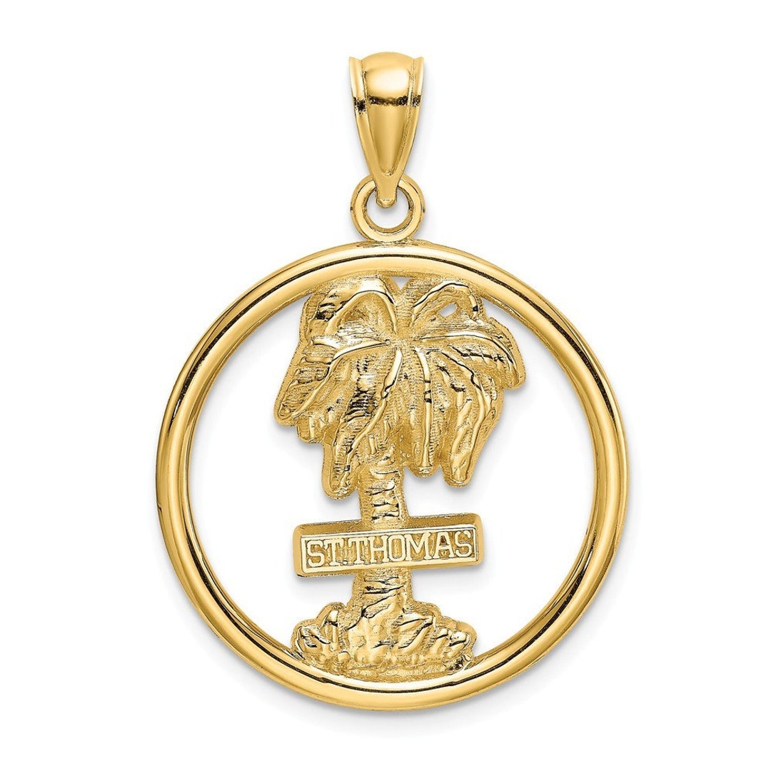 14K Yellow Gold ST. THOMAS on Palm Tree in Round Charm Pendant Etsy