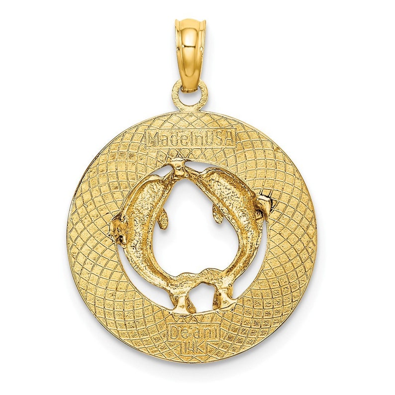 14K Yellow Gold DOCKYARD BERMUDA Round Frame With Dolphins Charm Pendant